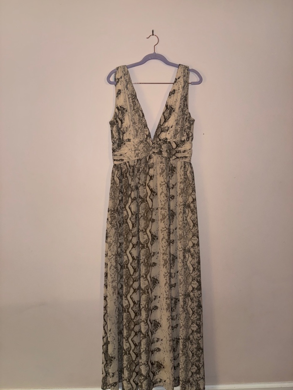 H&M Snake-Print Deep V Maxi Dress in Cream and Black